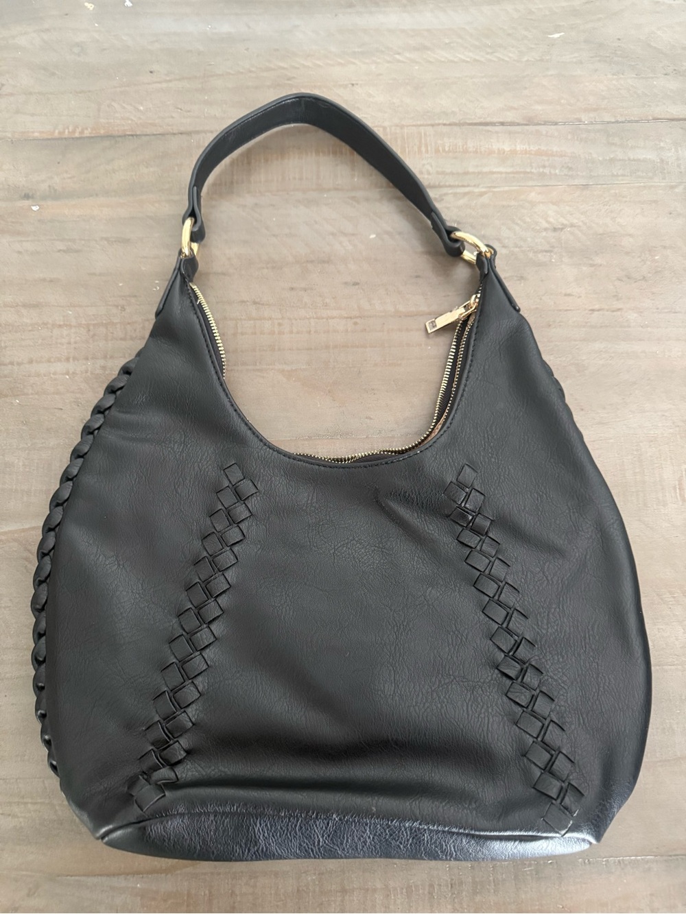 Moda Luxe Black Woven Whipstitch Hobo Shoulder Bag Gold Tone